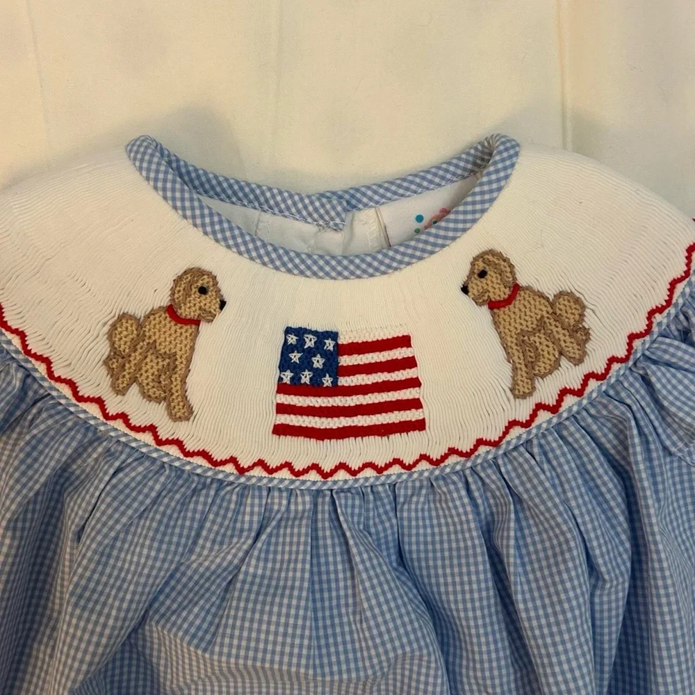 Smocked Blue Gingham Baby One-Piece with Flag & Puppy Embroidery